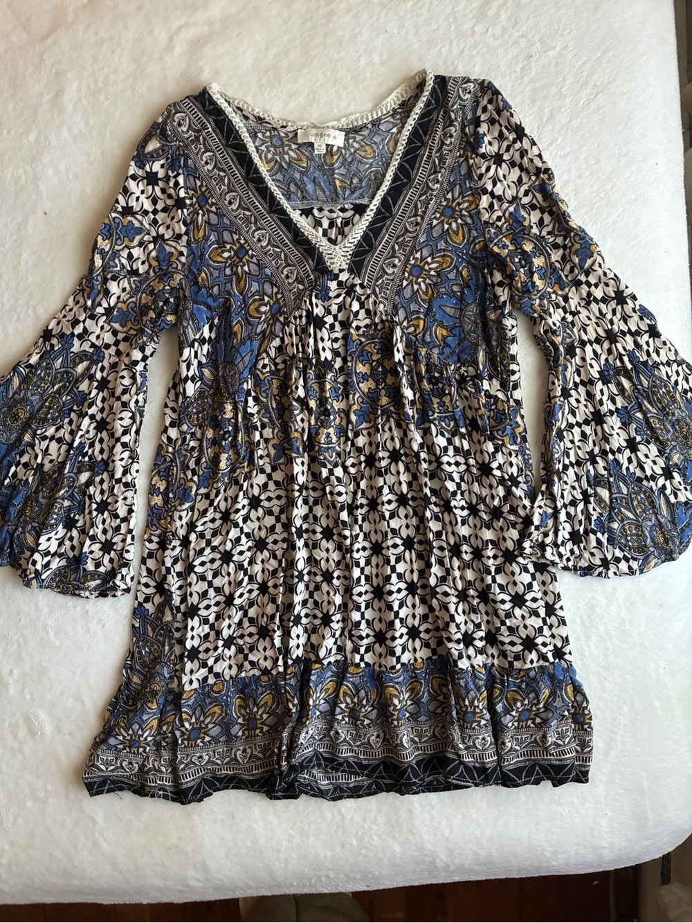 Umgee Blue, White & Gold Boho V-Neck Tunic